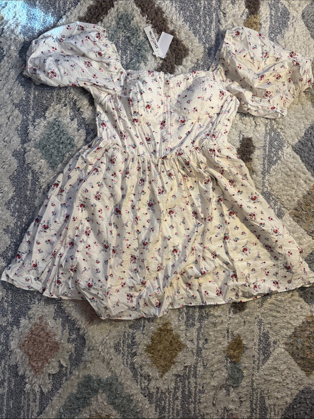 Wallflower Floral Puff Sleeve Mini Dress - White with Pink Red Roses